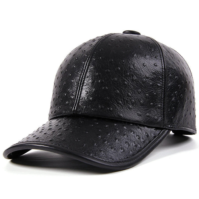 Men's Warm Ostrich Pattern Cowhide Baseball Hat with Adjustable Size and Premium Leather Construction