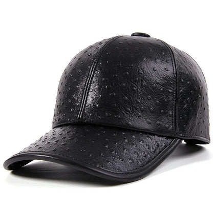 Men's Warm Ostrich Pattern Cowhide Baseball Hat with Adjustable Size and Premium Leather Construction