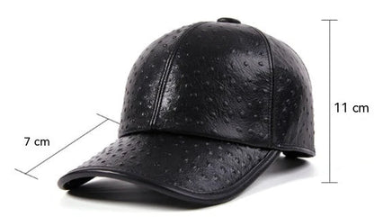 Men's Warm Ostrich Pattern Cowhide Baseball Hat with Adjustable Size and Premium Leather Construction