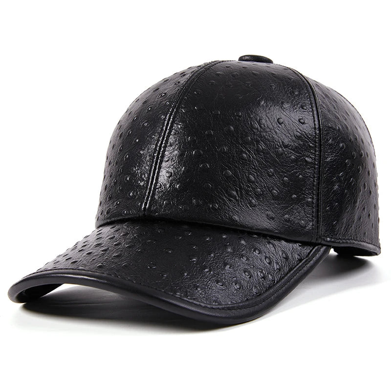Men's Warm Ostrich Pattern Cowhide Baseball Hat with Adjustable Size and Premium Leather Construction