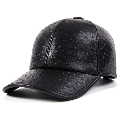 Men's Warm Ostrich Pattern Cowhide Baseball Hat with Adjustable Size and Premium Leather Construction