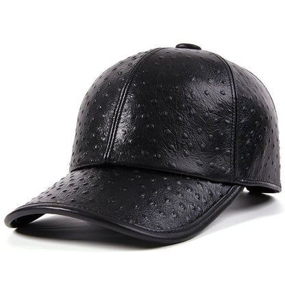 Men's Warm Ostrich Pattern Cowhide Baseball Hat with Adjustable Size and Premium Leather Construction