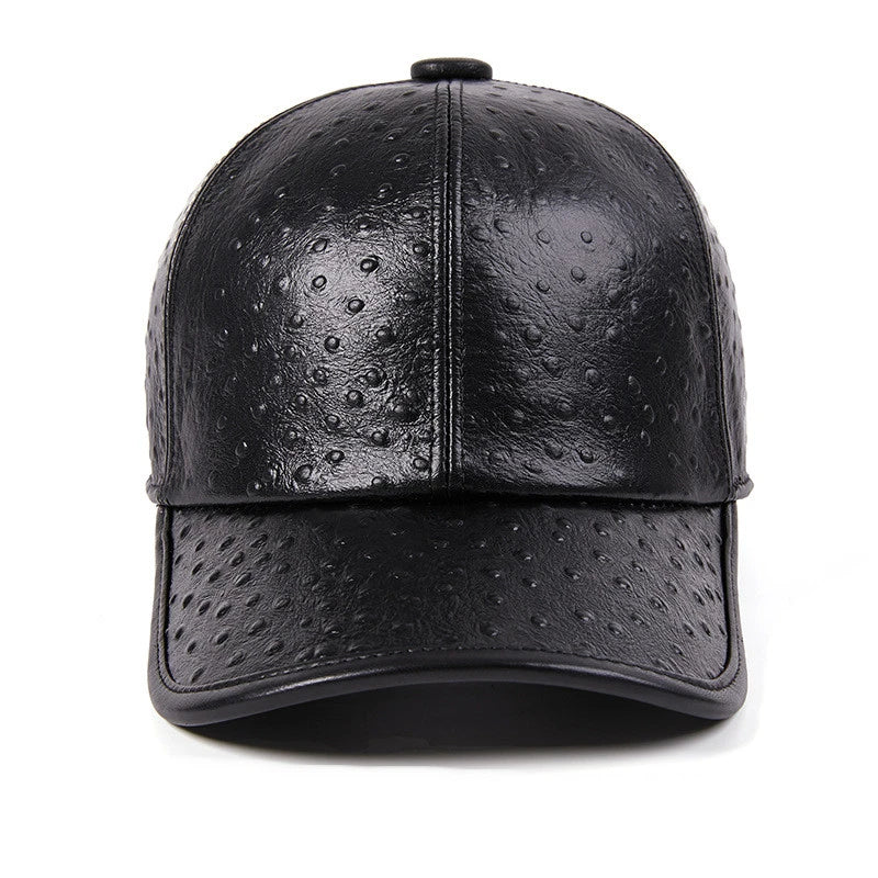 Men's Warm Ostrich Pattern Cowhide Baseball Hat with Adjustable Size and Premium Leather Construction