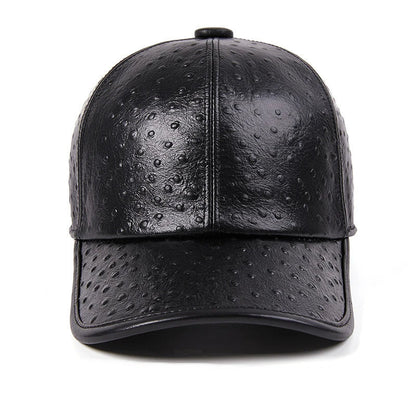 Men's Warm Ostrich Pattern Cowhide Baseball Hat with Adjustable Size and Premium Leather Construction