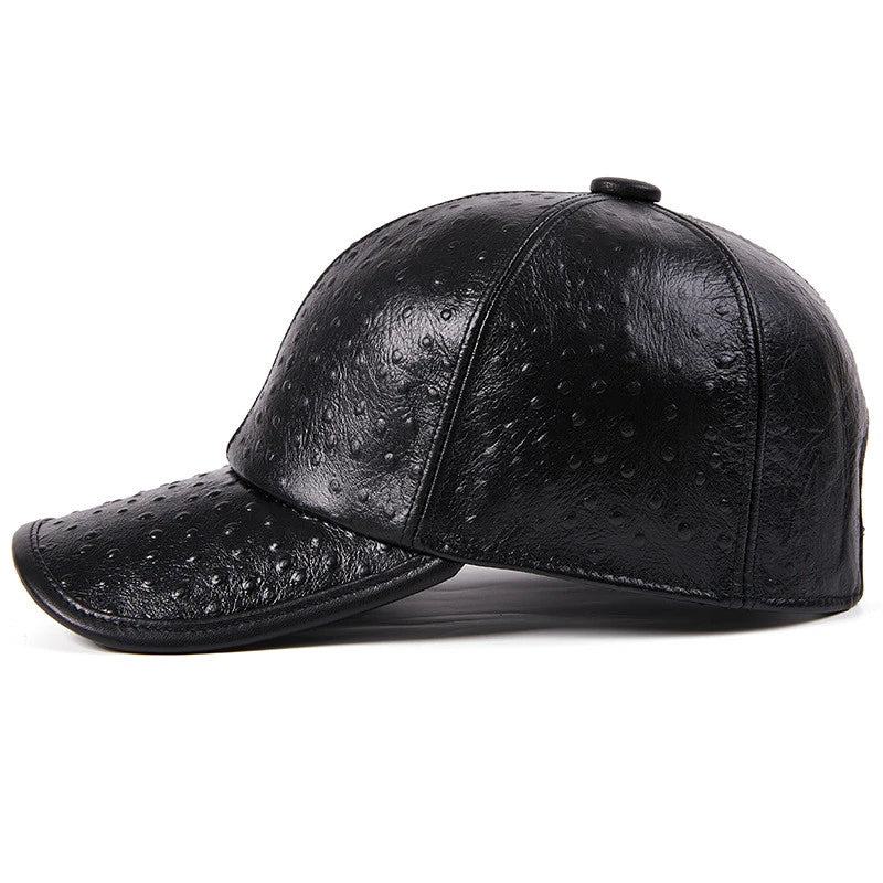 Men's Warm Ostrich Pattern Cowhide Baseball Hat with Adjustable Size and Premium Leather Construction
