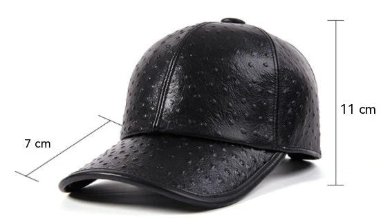 Men's Warm Ostrich Pattern Cowhide Baseball Hat with Adjustable Size and Premium Leather Construction