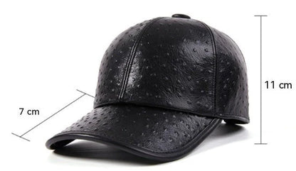Men's Warm Ostrich Pattern Cowhide Baseball Hat with Adjustable Size and Premium Leather Construction