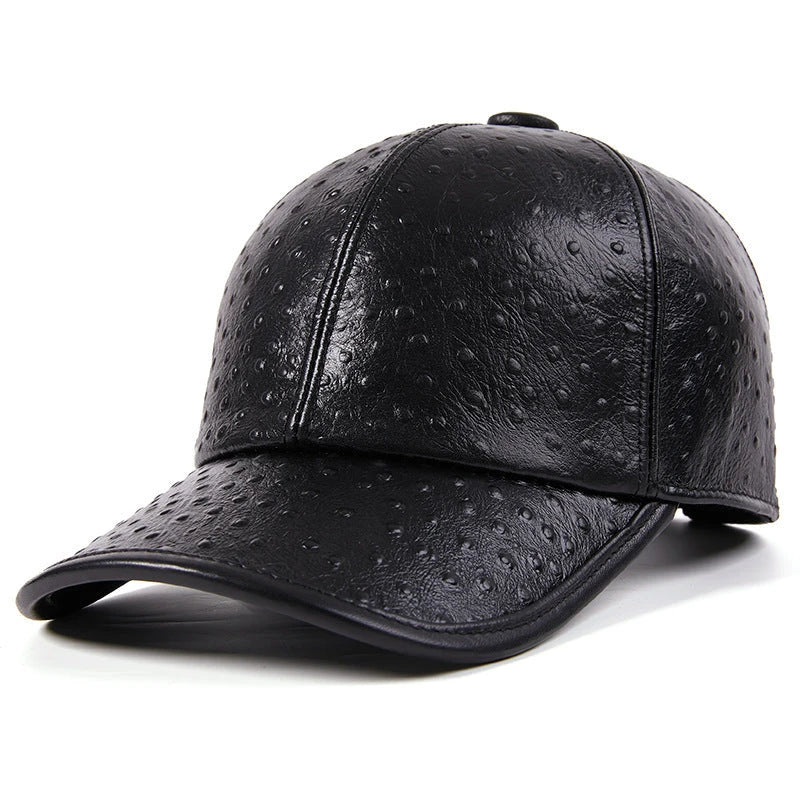 Men's Warm Ostrich Pattern Cowhide Baseball Hat with Adjustable Size and Premium Leather Construction