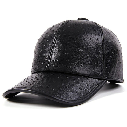 Men's Warm Ostrich Pattern Cowhide Baseball Hat with Adjustable Size and Premium Leather Construction