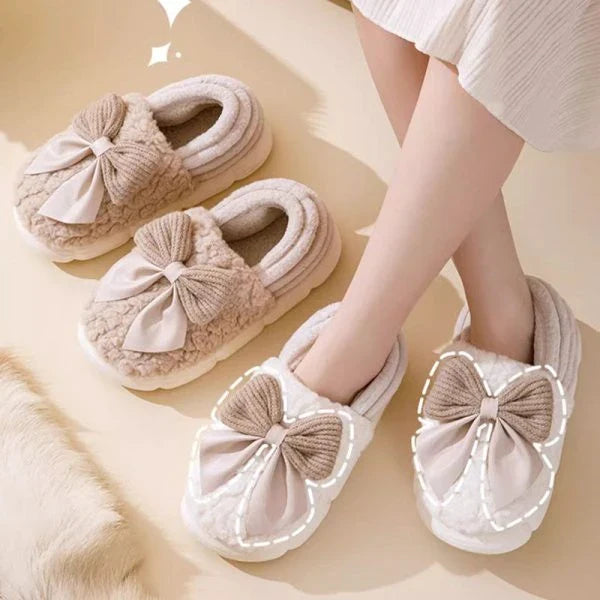 Big Bow-Knot Fluffy Slippers in various colors with a plush, cloud-like interior and non-slip soles for comfortable, stylish wear