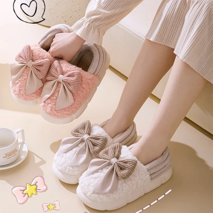 Big Bow-Knot Fluffy Slippers in various colors with a plush, cloud-like interior and non-slip soles for comfortable, stylish wear
