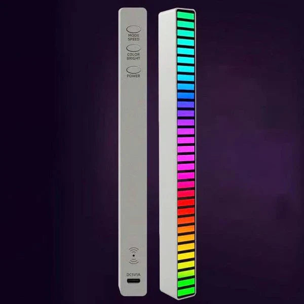 Voice-activated RGB ambient light that syncs with music and has adjustable brightness and speed settings
