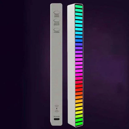 Voice-activated RGB ambient light that syncs with music and has adjustable brightness and speed settings