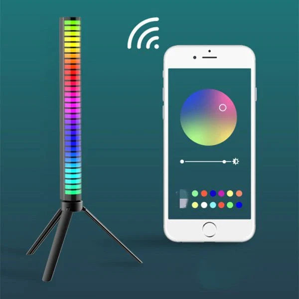 Voice-activated RGB ambient light that syncs with music and has adjustable brightness and speed settings