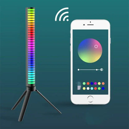 Voice-activated RGB ambient light that syncs with music and has adjustable brightness and speed settings