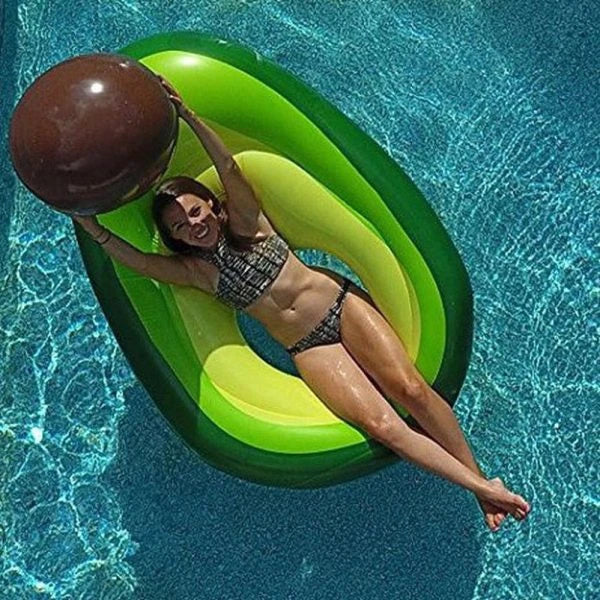 Avocado-shaped inflatable swimming ring pool float made with premium vinyl materials for comfortable summer relaxation