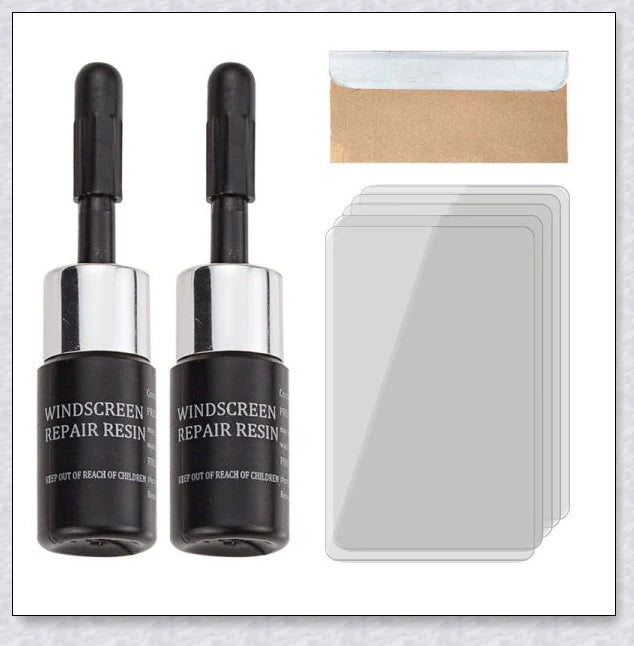 A windshield repair kit with resin-based fluid for fixing cracks and chips in car windows, mirrors, and glass surfaces.