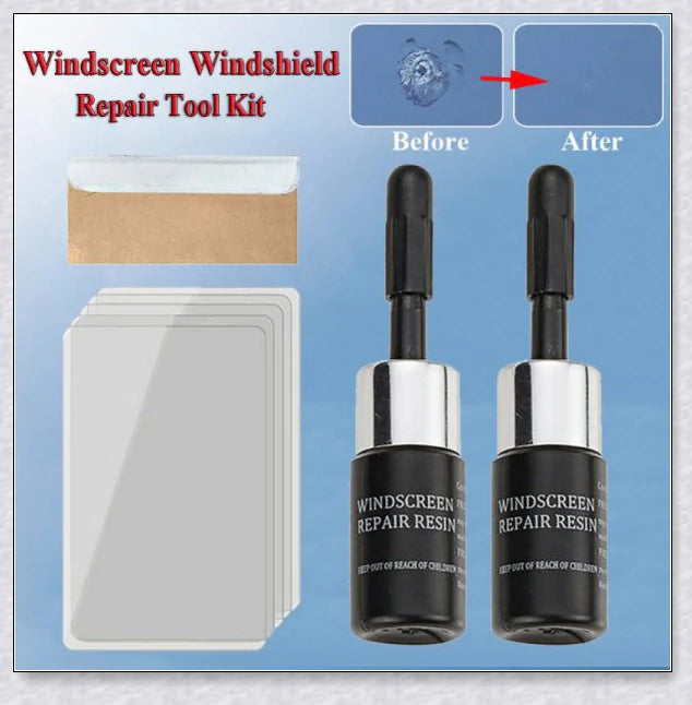 A windshield repair kit with resin-based fluid for fixing cracks and chips in car windows, mirrors, and glass surfaces.