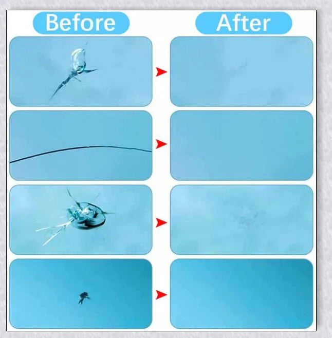 A windshield repair kit with resin-based fluid for fixing cracks and chips in car windows, mirrors, and glass surfaces.
