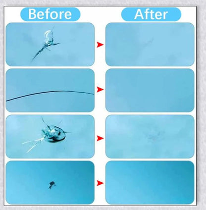 A windshield repair kit with resin-based fluid for fixing cracks and chips in car windows, mirrors, and glass surfaces.
