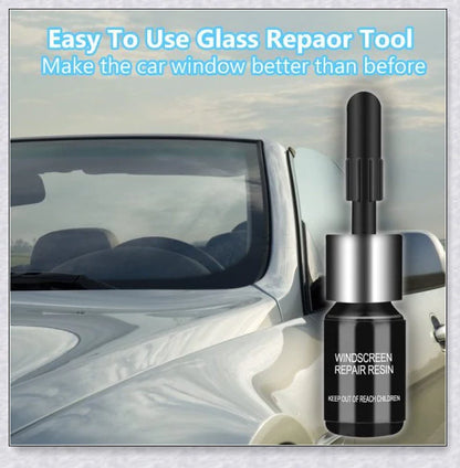 A windshield repair kit with resin-based fluid for fixing cracks and chips in car windows, mirrors, and glass surfaces.