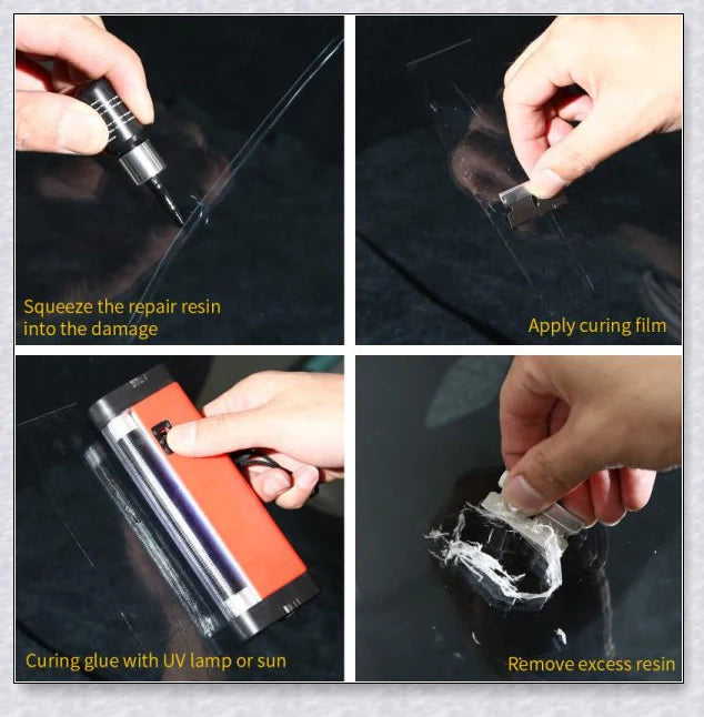 A windshield repair kit with resin-based fluid for fixing cracks and chips in car windows, mirrors, and glass surfaces.