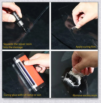A windshield repair kit with resin-based fluid for fixing cracks and chips in car windows, mirrors, and glass surfaces.