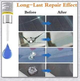 A windshield repair kit with resin-based fluid for fixing cracks and chips in car windows, mirrors, and glass surfaces.