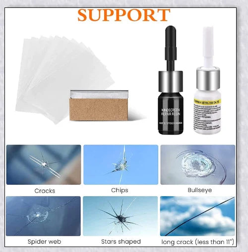 A windshield repair kit with resin-based fluid for fixing cracks and chips in car windows, mirrors, and glass surfaces.