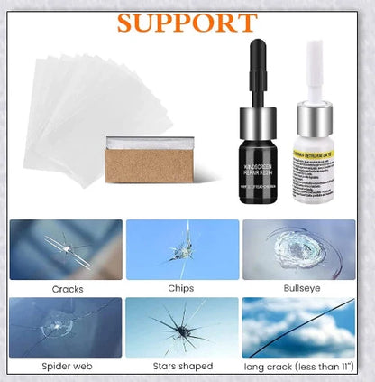 A windshield repair kit with resin-based fluid for fixing cracks and chips in car windows, mirrors, and glass surfaces.