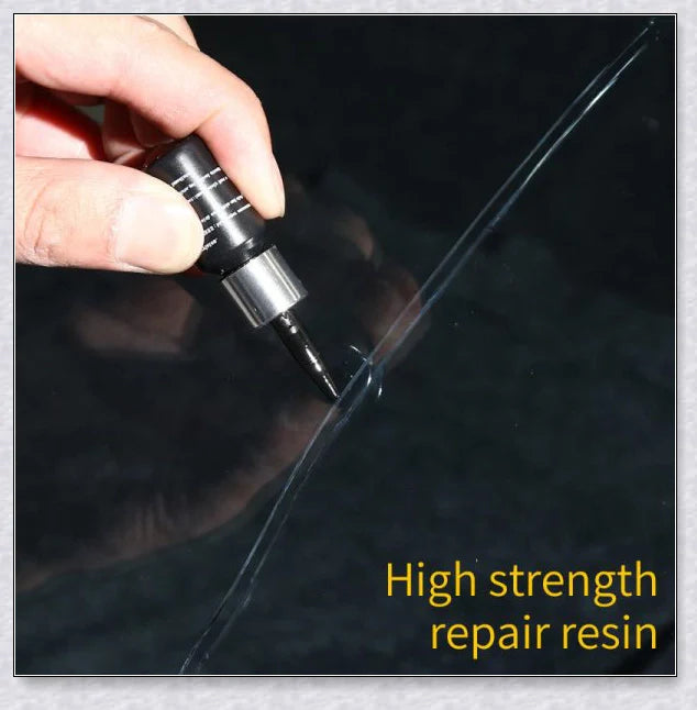 A windshield repair kit with resin-based fluid for fixing cracks and chips in car windows, mirrors, and glass surfaces.