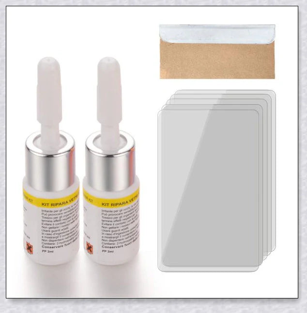 A windshield repair kit with resin-based fluid for fixing cracks and chips in car windows, mirrors, and glass surfaces.
