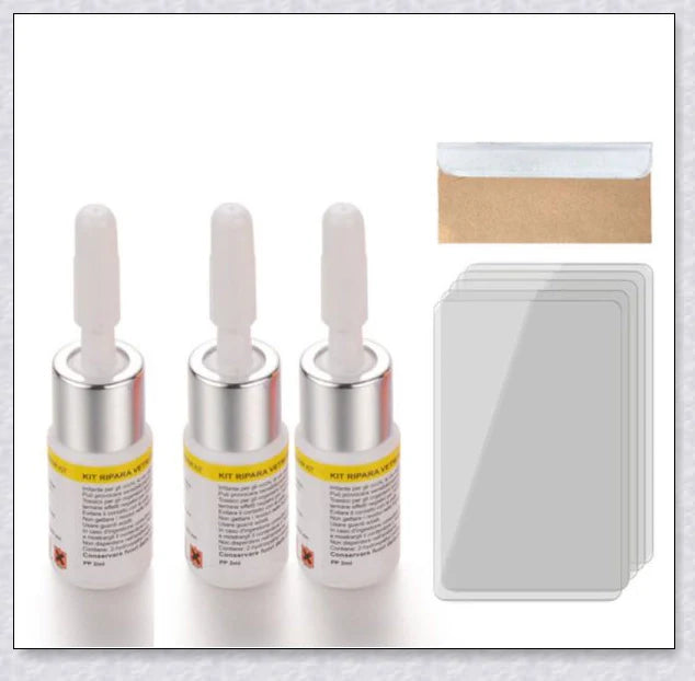 A windshield repair kit with resin-based fluid for fixing cracks and chips in car windows, mirrors, and glass surfaces.
