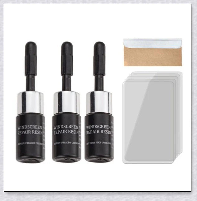 A windshield repair kit with resin-based fluid for fixing cracks and chips in car windows, mirrors, and glass surfaces.
