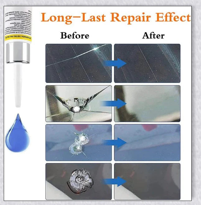 A windshield repair kit with resin-based fluid for fixing cracks and chips in car windows, mirrors, and glass surfaces.
