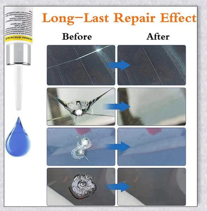 A windshield repair kit with resin-based fluid for fixing cracks and chips in car windows, mirrors, and glass surfaces.