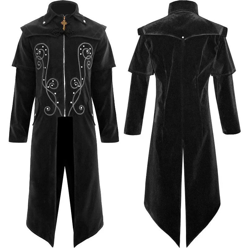 A stylish men's gothic-inspired jacket with a stand collar, made of a premium polyester blend fabric.