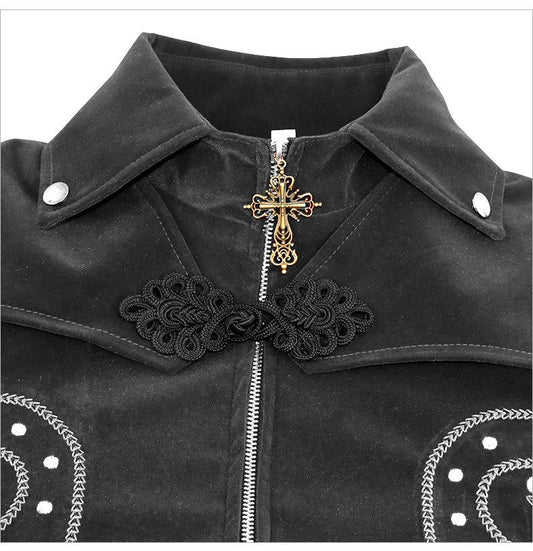 A stylish men's gothic-inspired jacket with a stand collar, made of a premium polyester blend fabric.