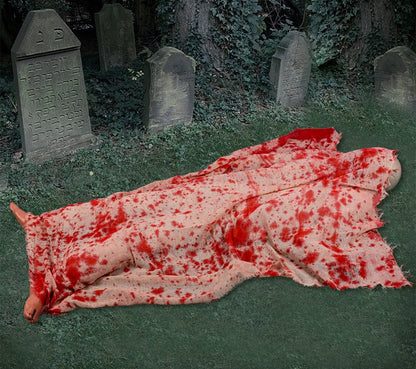 Haunting Halloween horror decor with voice-activated corpse, blood cloth, and glowing hair props
