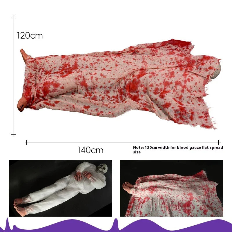 Haunting Halloween horror decor with voice-activated corpse, blood cloth, and glowing hair props