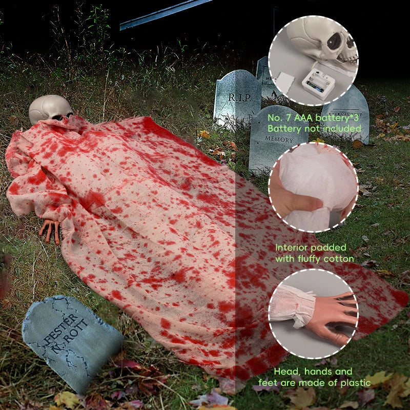Haunting Halloween horror decor with voice-activated corpse, blood cloth, and glowing hair props