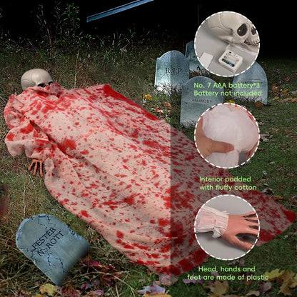 Haunting Halloween horror decor with voice-activated corpse, blood cloth, and glowing hair props