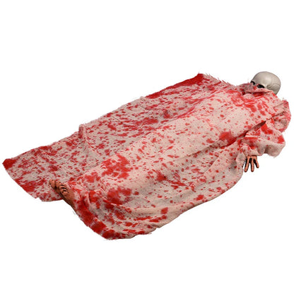 Haunting Halloween horror decor with voice-activated corpse, blood cloth, and glowing hair props