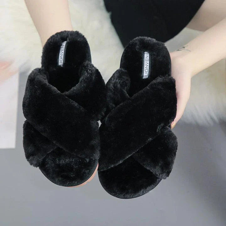 Cozy and stylish cross open-toe fur slippers in black