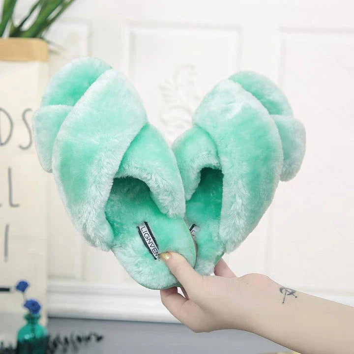 Cozy and stylish cross open-toe fur slippers in black