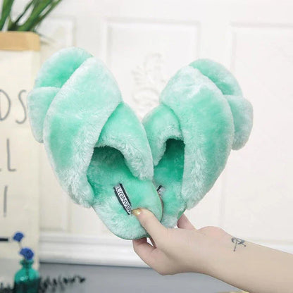 Cozy and stylish cross open-toe fur slippers in black