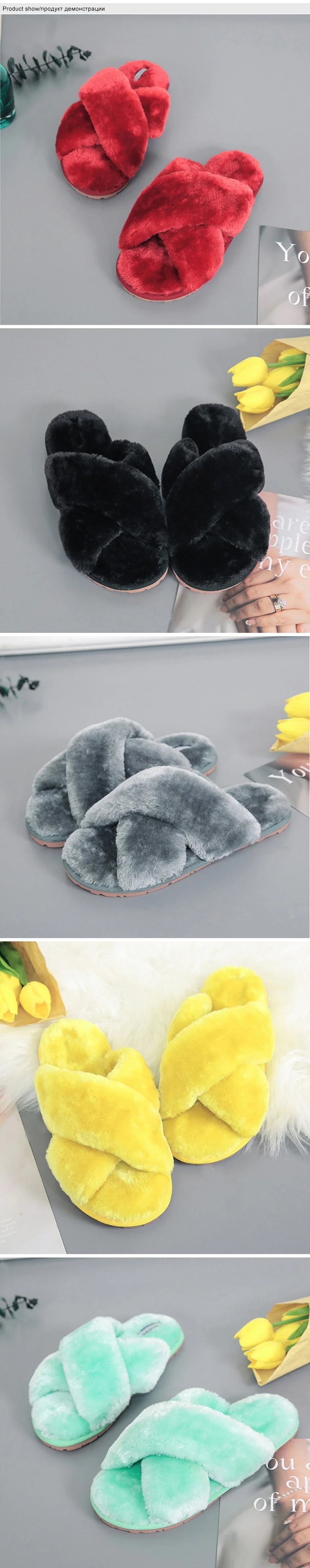 Cozy and stylish cross open-toe fur slippers in black