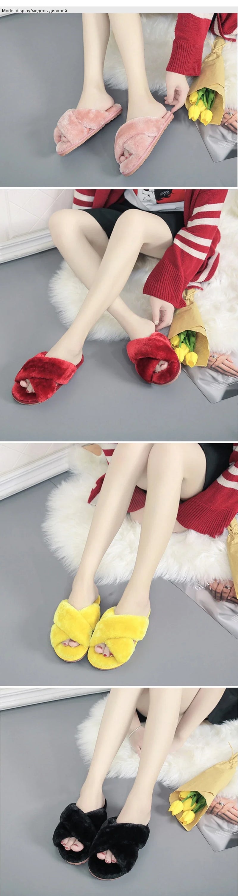 Hhomeenjoy Cross Open-Toe Fur Slippers