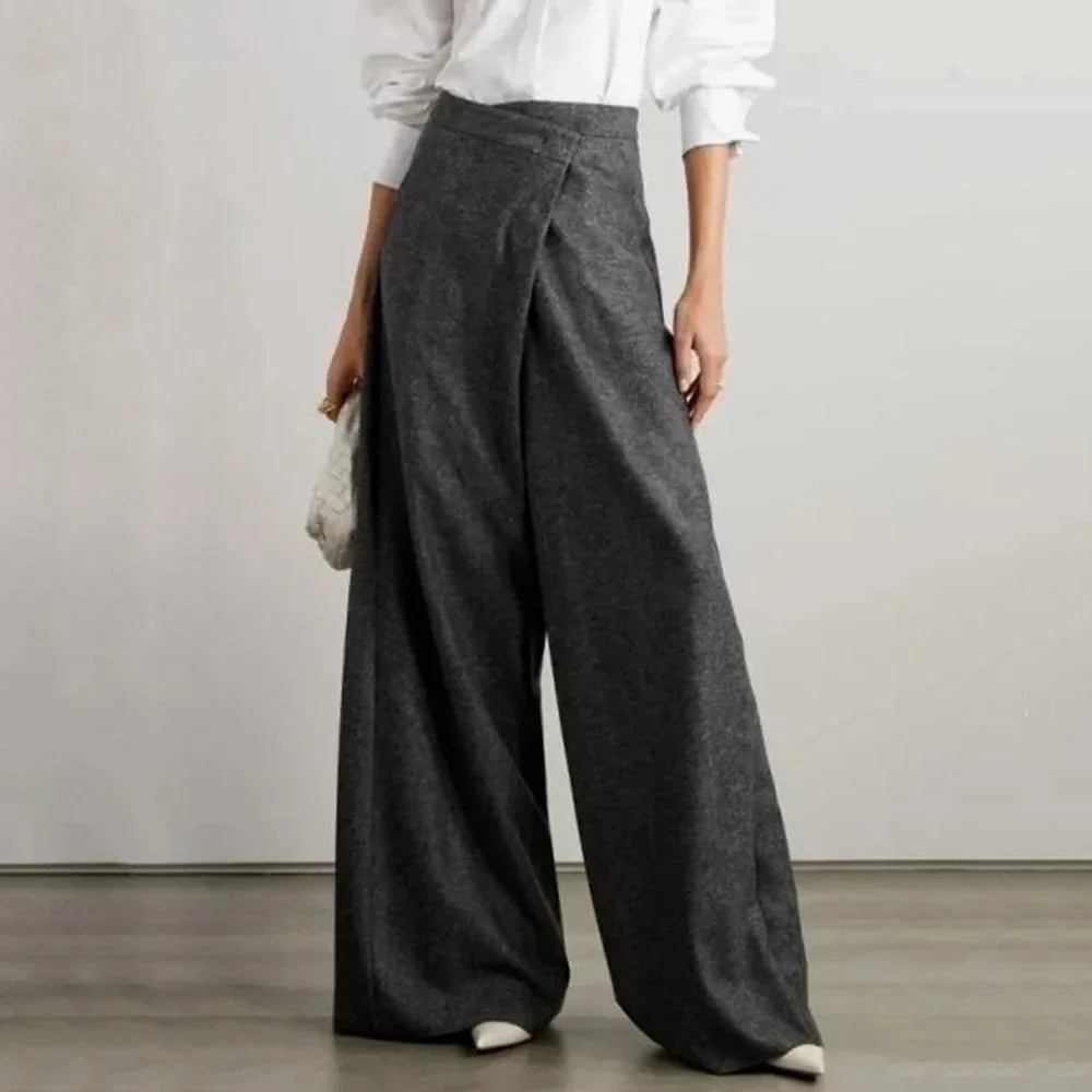 Chic high-waist woolen wide-leg pants in black, navy, and beige colors for fashionable women