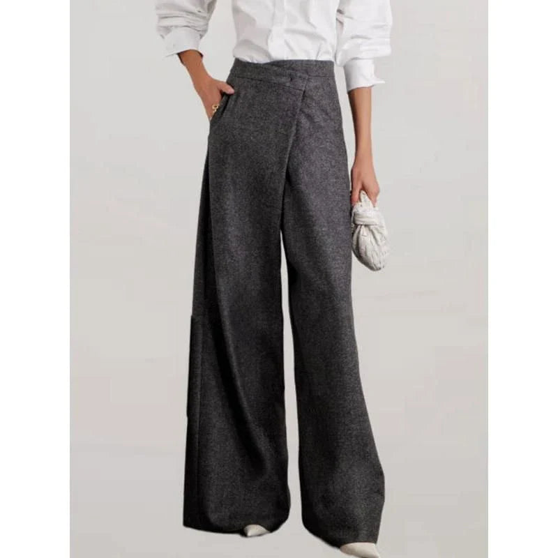 Chic high-waist woolen wide-leg pants in black, navy, and beige colors for fashionable women